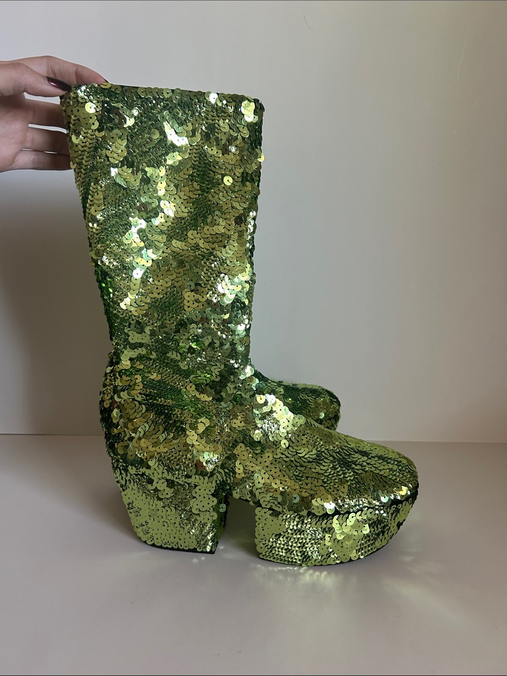 Prada Green Sequin Over-the-Knee Platform Boots